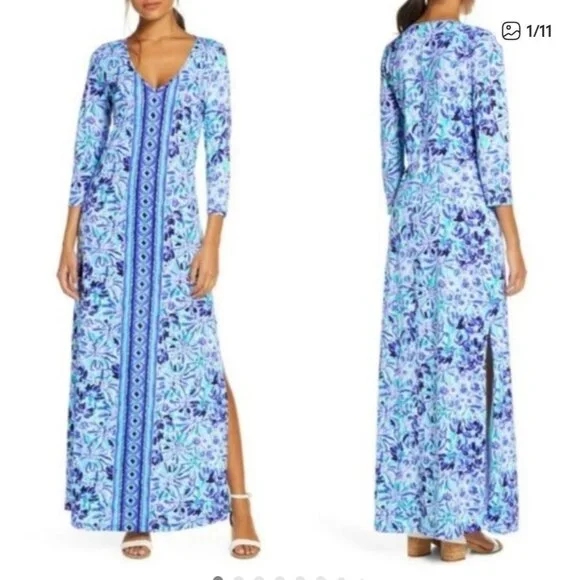 Lilly Pulitzer Maxi Dress Pima Cotton Iris Lion Print – Blue/White (Size M) - Picture 1 of 9